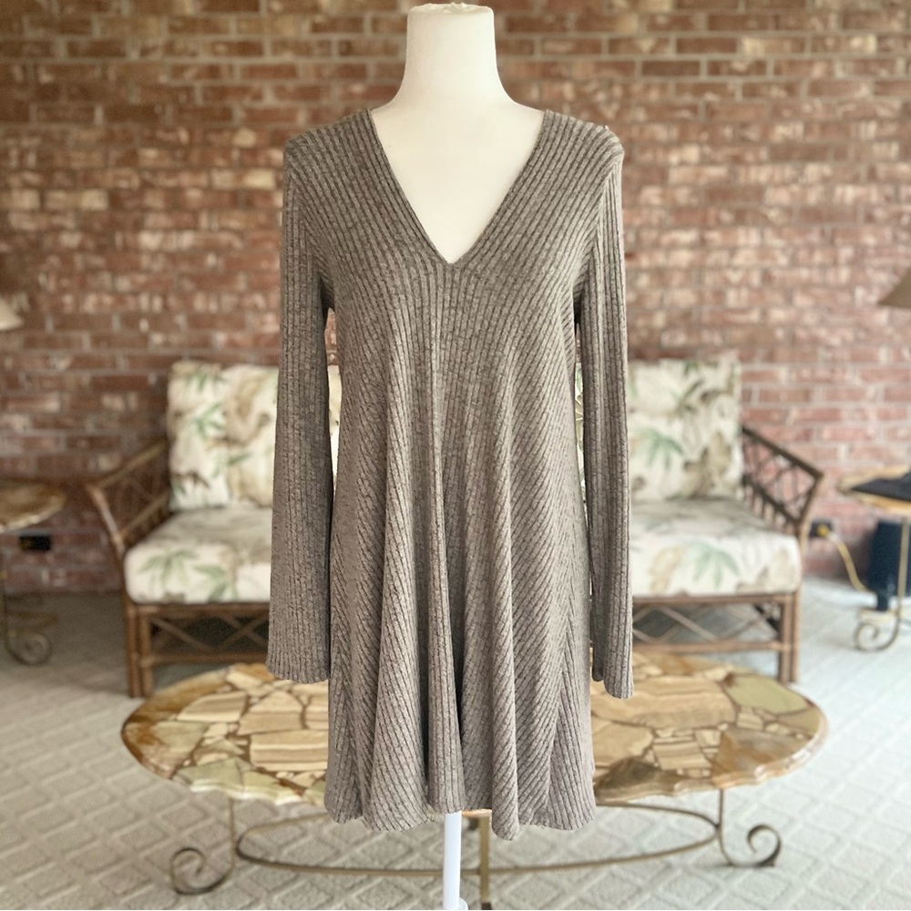 Lush Sage Green Chenille Ribbed Knit A-Line Swing Mini Dress S Cottagecore